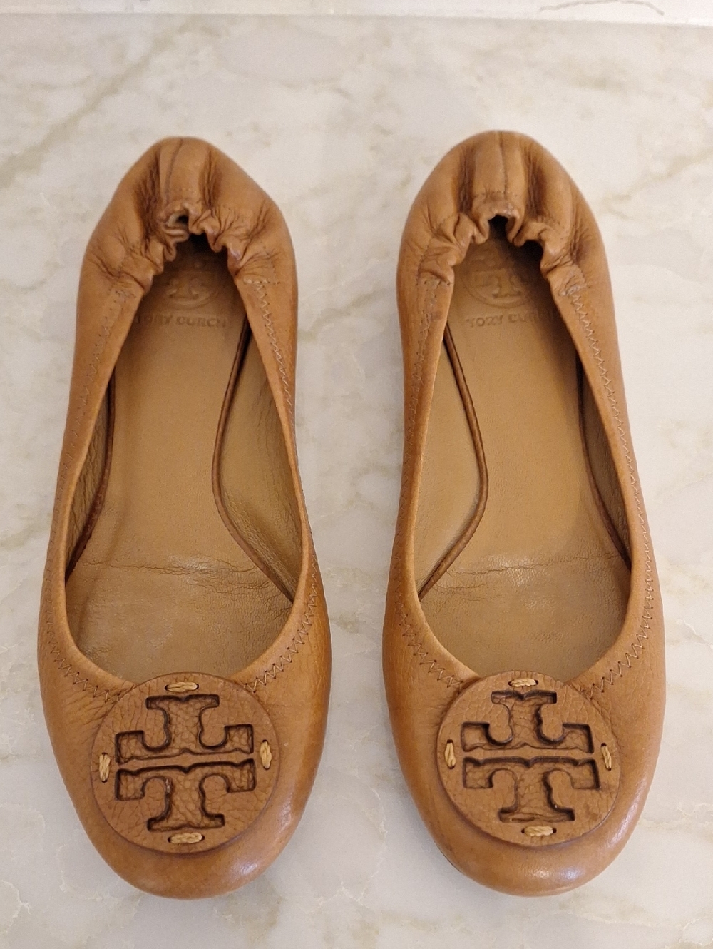 Tory Burch Camel/Tan Leather Logo Ballet Flats